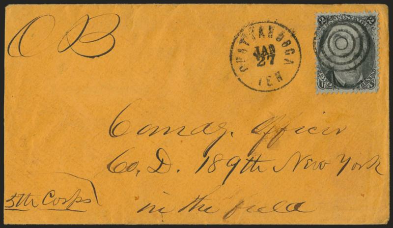 2c Black (73).> Detailed impression, tied by target, Chattanooga Ten. Jan. 27 circular datestamp on orange cover addressed to <<Comdg. Officer, Co. D 189th New York in the field>> and with OB at top left,
slightly reduced at left, Very Fine, wi