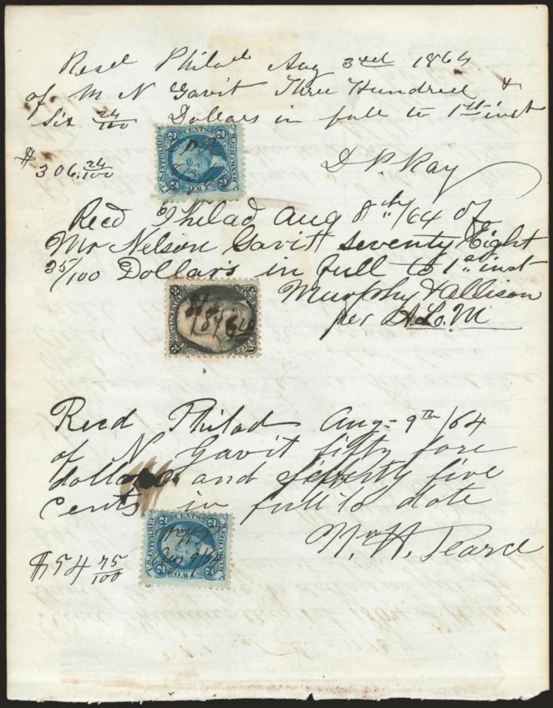 2c Black (73).> Tied by 8364 ms. cancel and <used as Revenue> with two 2c Bank Check (R5c), some minor soiling, Fine, a pretty usage