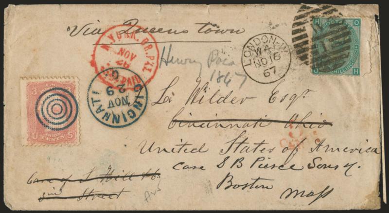 3c Rose, C. Grill (83).> Wide natural s.e. at left, used as <forwarding postage> on 1867 cover <from England> to Cincinnati, redirected to Boston, <Great Britain 1sh Green (54),> faults and wing margin, tied by
London NO 16 67 circular datestamp an