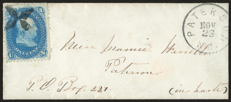 1c Blue, F. Grill (92).> Clearly-defined grill, cancelled by neat cork, Paterson N.J. Nov. 28 circular datestamp on small cover to local street address, fresh and Very Fine