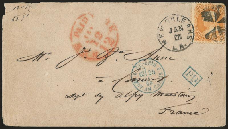 30c Orange, F. Grill (100).> Clearly-defined grill at top, tied by circle of wedges and New Orleans La. Jan. 7 circular datestamp on 1869 cover <to Cannes, France,> red New York Paid 12 Jan. 12 credit
datestamp, various French transits incl. blue