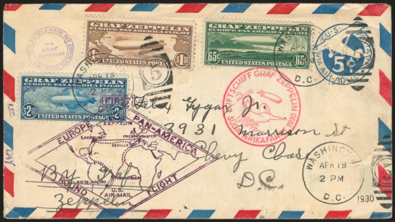 65c-$2.60 Graf Zeppelin (C13-C15).> Rich colors, tied by <Washington D.C. Apr. 19 2PM 1930> duplex cancels on <First Day> 5c entire (UC1) to Chevy Chase D.C., three cachets incl. purple This article made the
complete round trip, Friedrichschafen