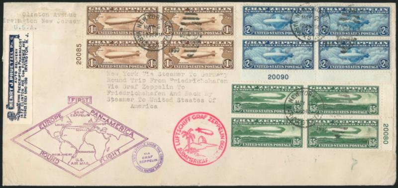 65c-$2.60 Graf Zeppelin (C13-C15).> Blocks of four with plate nos., each with New York N.Y. Varick Street Sta. May 2, 1930 12:30PM duplex (ties $2.60) on legal-size cover to Irvington N.J., red and violet
handstamp cachets, typed routing instructio
