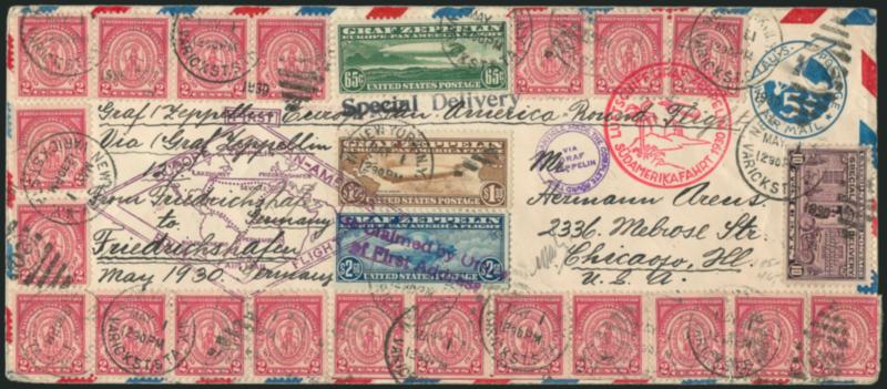 65c-$2.60 Graf Zeppelin (C13-C15).> Tied by New York N.Y. Varick St. Sta. May 1, 1930 duplexes and used with 26 other stamps (five on back) on 5c Air Mail entire to Chicago Ill., various cachets and markings
incl. Friedrichschafen backstamp, trivia