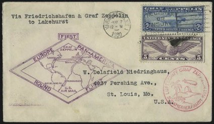 65c-$2.60 Graf Zeppelin (C13-C15). 65c on card to Vienna, Austria, $1.30 on cover to Seville, Spain, back with Seville Custom House agent’s purple oval handstamp, typed “please return to Major A. Erland
Goyette Peterborough NH” and Peterboro N.H. rec