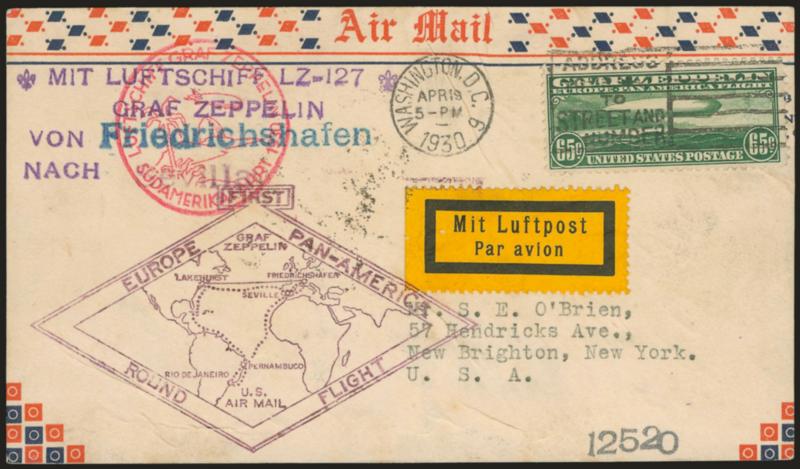 65c Graf Zeppelin (C13).> Tied by Washington D.C. Apr. 19, 1930 datestamp on <Linprint cachet First Day> card to New Brighton N.Y., usual cachets, Seville backstamp, fresh and Very Fine, ex Berkun