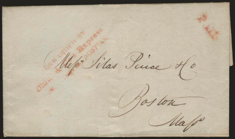 Forwarded by Child & Cos Express, No. 8 Court St. Boston.> Scarce three-line handstamp with matching red Paid on folded letter to Boston datelined Portland Me., Dec. 10, 1844, Very Fine, ex
Malcolm