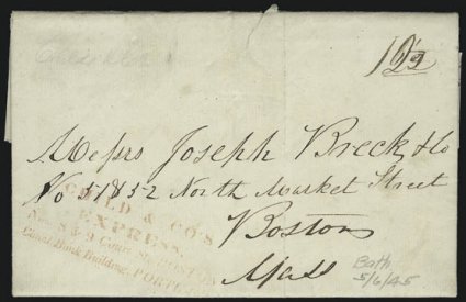 Child & Co.s Express. Nos. 8 & 9 Court St. Boston. Canal Bank Building. Portland.> Four-line handstamp in red on two folded letters to Boston, clearer strike with ms. 12-12 rate from Bath Me. (May 6, 1845)
and partly readable strike with 6 rate