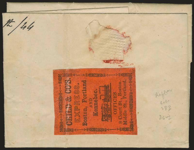 Child & Cos Express, Boston, Portland and Kennebec.> Black on vermilion label with train vignette on back of folded letter to Brunswick Me. datelined Boston, Aug. 30, 1844, ms. <<Paid to Portland>> and <<12-12
To Pay,>> file fold thru label but