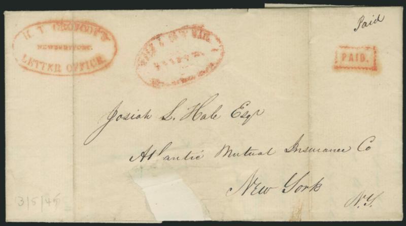 H. T. Crofoots Letter Office, Newburyport (Mass.).> Red oval handstamp and matching framed Paid handstamp on two folded letters, Mar. 15, 1845 from Belleville to New York City with conjunctive Hale & Co. oval
(repaired), and Apr. 11, 1845 to New H