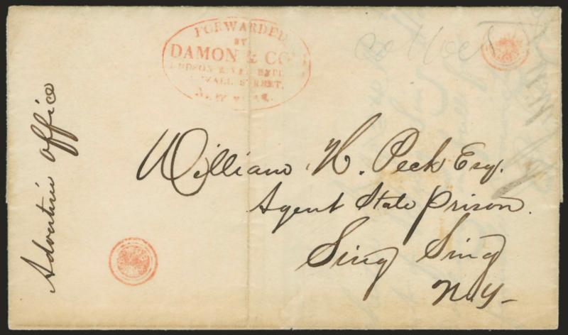 Forwarded by Damon & Cos Hudson River Express, 3 Wall Street, New-York.> Red oval handstamp and two strikes of matching <^XPRESSBOB^> small negative letters in circle within double circular frame, pencil
Collect on Aug. 25, 1844 folded receipt