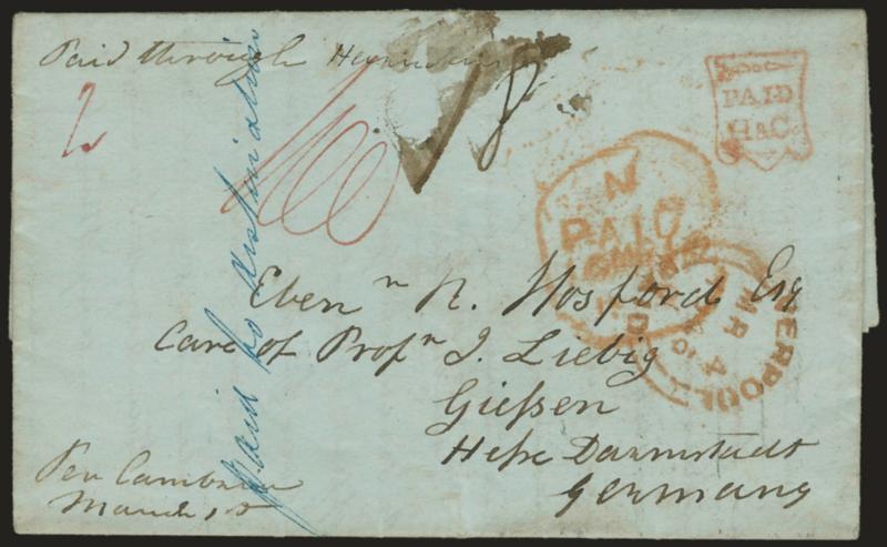 Forwarded from Harndens Package Express & Foreign Letter Office, No. 8 Court St. Boston.> Red oval handstamp on back of Feb. 28, 1846 folded letter from Cambridge Mass. <to Giessen, Germany,> red Paid H & Co.
fancy framed handstamp, senders routi