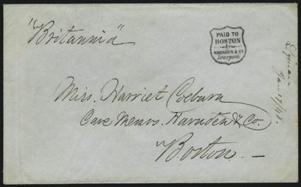 Harnden & Co., Liverpool.> Two different handstamps: Paid to New York by Harnden & Co. Liverpool oval on Apr. 1, 1848 printed report <from Bombay, India, to New York City via Liverpool, red New-York May 29
circular datestamp, blue ms. 2, small