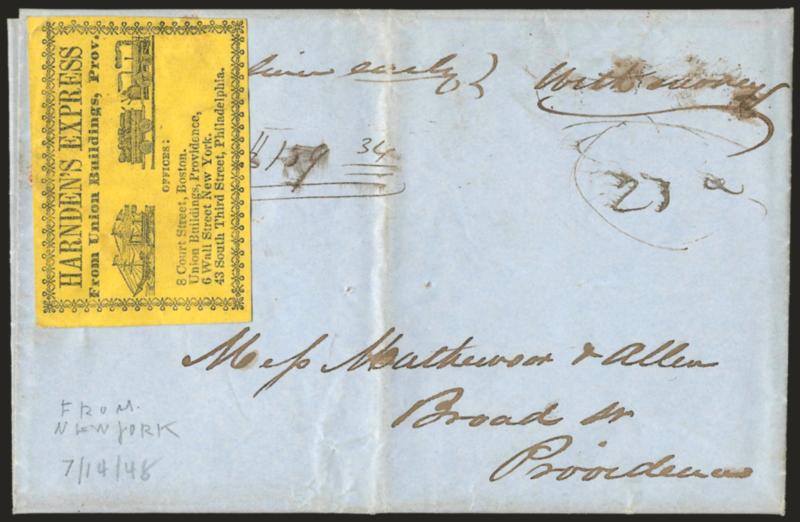 Harndens Express from Union Buildings, Prov.> Black on yellow label with office addresses, steamship and train vignettes, used on Jul. 14, 1848 folded letter from New York to Providence R.I. currency notations,
Very Fine, we are not certain if label
