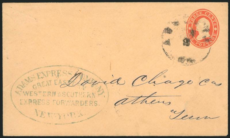 Adams Express Company, Great Eastern Western & Southern Express Forwarders, New-York.> Perfect strike of greenish blue oval handstamp on 3c Red Star Die entire to Athens Tenn., Augusta Ga. Jun. 2 (1861)
circular datestamp, Extremely Fine, very rare