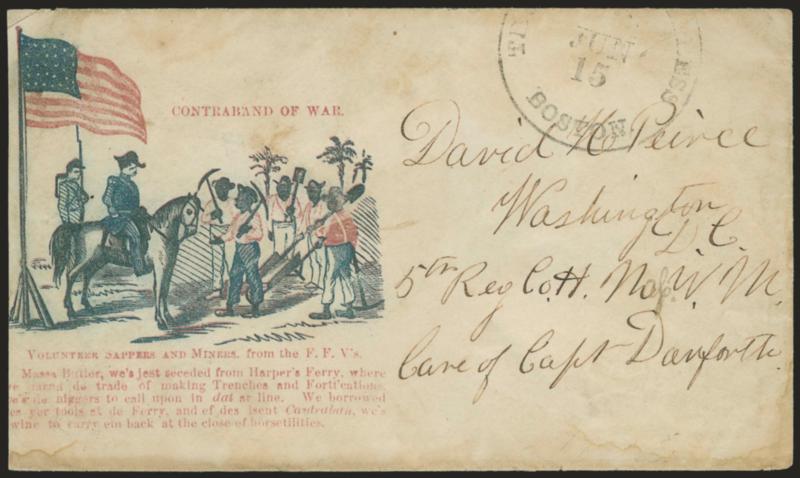 The Adams Express Co. Boston Jun. 15.> Circular datestamp struck partly off top edge of red and blue <Contraband of War Patriotic Cartoon> cover to member of 5th Regt. Mass. Vol. at Washington D.C., conjunctive
use with <Savory & Co.s Salem & Bost