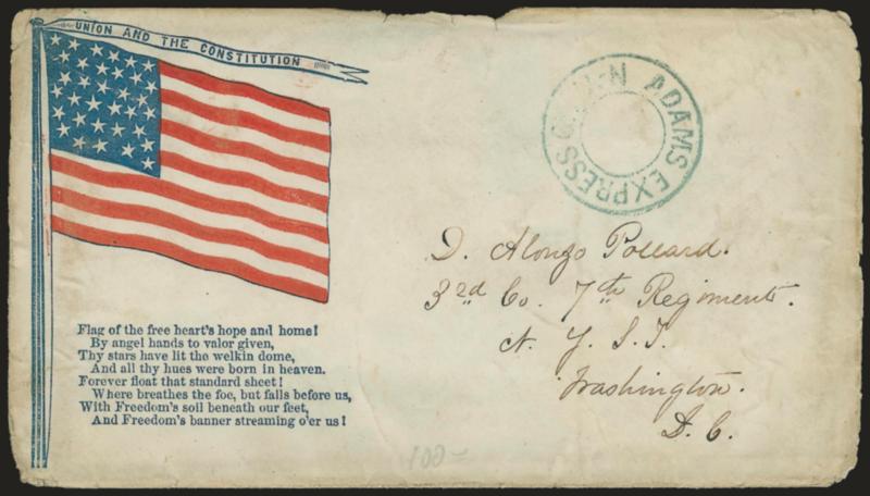 Adams Express Company N-Y.> Blue double-circle handstamp on red and blue <Union and The Constitution Flag Patriotic> cover to member of 7th Regt. N.Y.S.T. at Washington D.C., toned and faulty around edges,
still presentable and scarce