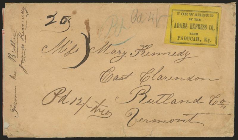 Forwarded by the Adams Express Co. from Paducah, Ky.> Black on yellow label on cover to East Clarendon Vt., pencil <<Pd 4->> and <<Pd 12- thro>> express rates, ms. <<2 oz.>> weight notation, red wax seals,
accompanied by Adams receipt from sa