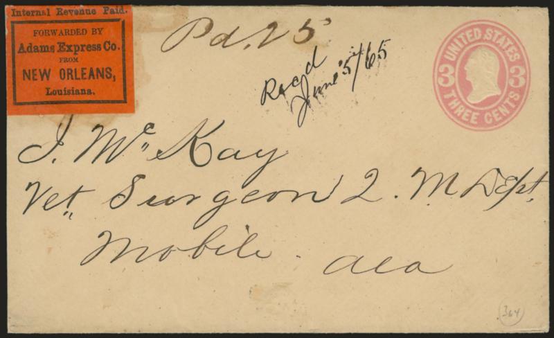 Adams Express Co.Southern Express Co.> Adams Internal Revenue Paid. Forwarded by Adams Express Co. from New Orleans, Louisiana black on red label affixed to upper left corner of 3c Pink entire to Mobile Ala.,
Southern Express Company Aug. 10, 1869
