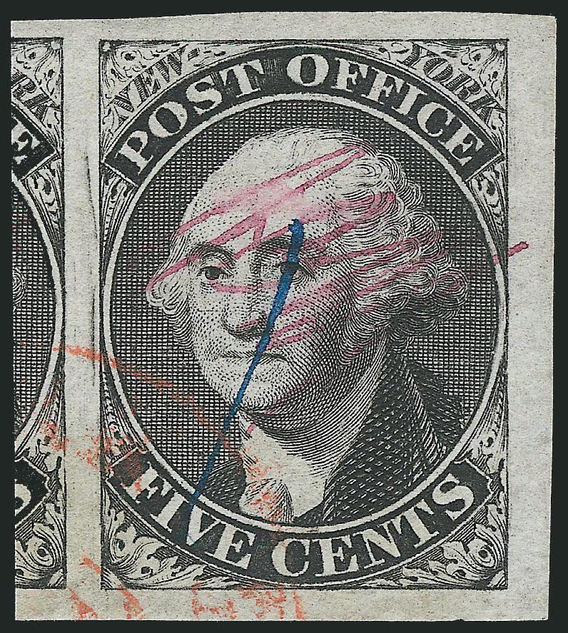 New York N.Y., 5c Black, ACM Initials (9X1).> Enormous margins all around incl. significant portion of adjoining stamp at left, intense shade and proof-like impression, red circular datestamp cancel at bottom left
and single blue penstroke<><>^EX