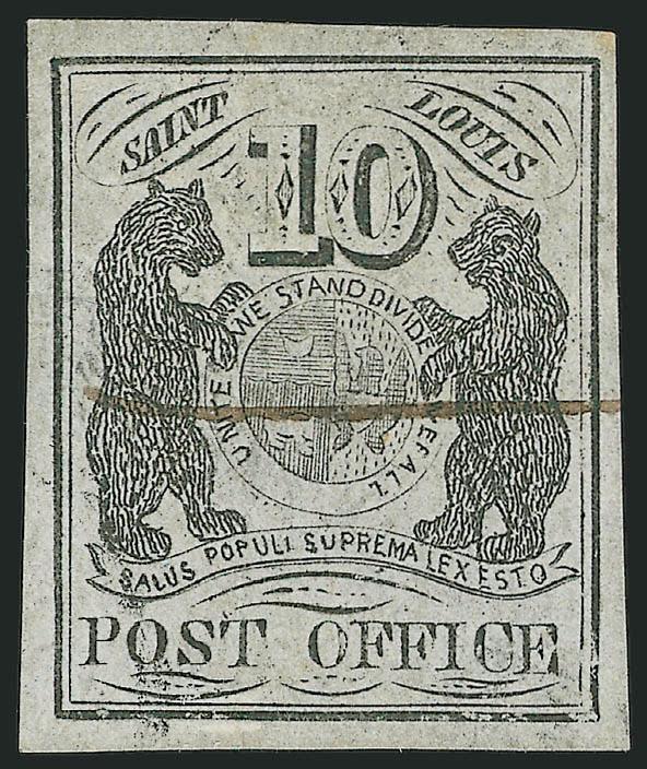 St. Louis Mo., 10c Black on Gray Lilac (11X5).> Type III (Position 6), large even margins all around, cancelled by single penstroke and trace of handstamp at bottom left which leaves the entire design clearly
visible, crisp impression<><>^EXTREMELY