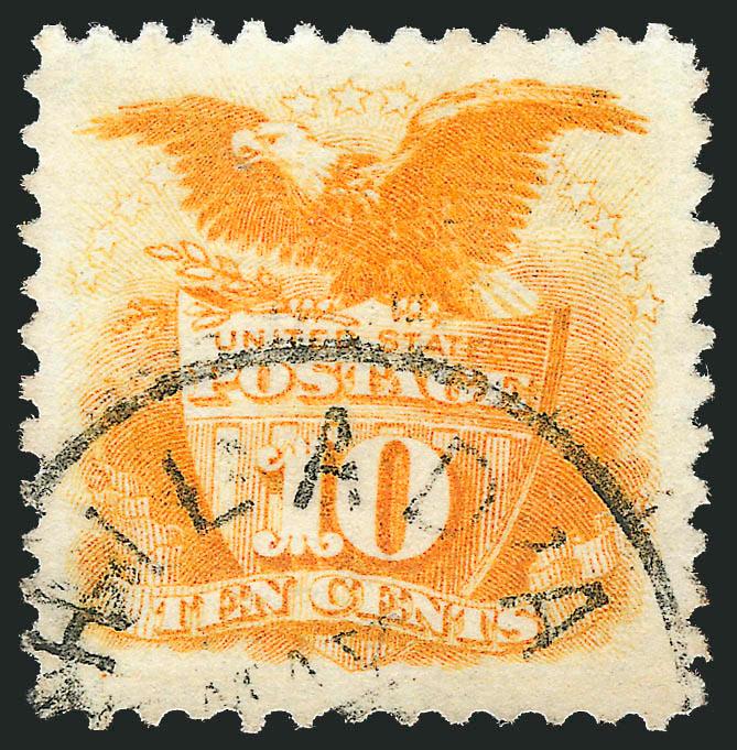 10c Yellow (116).> Vibrant color as fresh as the day it was printed, perfectly centered with Jumbo margins all around, neat strike of Philadelphia circular datestamp, Extremely Fine Gem, with 2008 P.S.E.
certificate (XF-Superb 95 Jumbo SMQ $1,050.00