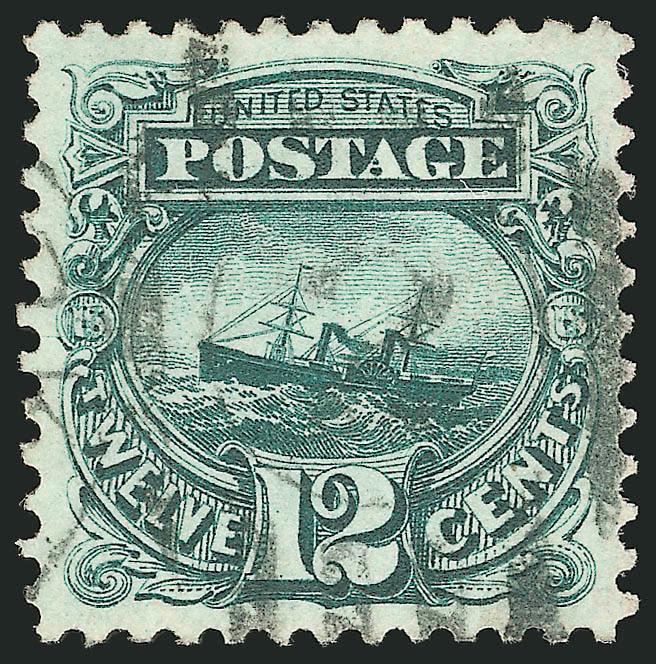 12c Green, Re-Issue (128).> Incredibly rich color and proof-like impression, almost perfect centering with well-proportioned margins, neat strike of New York duplex cancel<><>^EXTREMELY FINE GEM. A SUPERB USED
EXAMPLE OF THE 12-CENT 1869 PICTORIAL