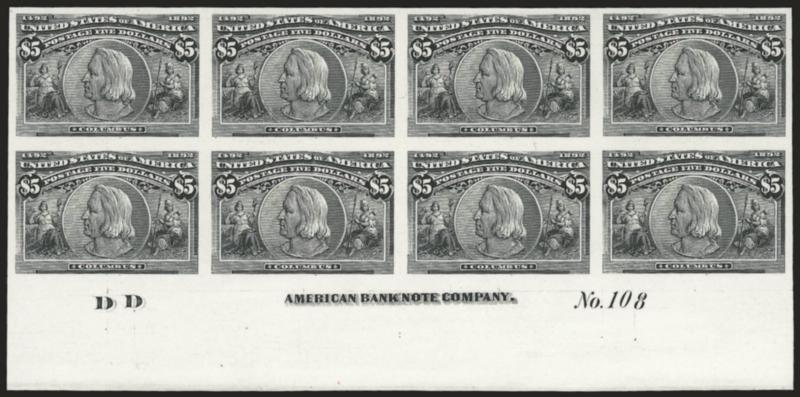 1c-$5.00 Columbian, Plate Proofs on Card (230P4-245P4).> Complete set of <matched bottom imprint and plate no. blocks of eight,> each with letter at left and plate no. at right, large margins all around, radiant
colors and beautifully detailed impres