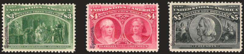 1c-$5.00 Columbian, Specimen Ovpt. Ty. E (230SE-245SE).> Complete set of all sixteen values, each with Specimen reading up at lower left corner, incl. second 5c reading up at lower right corner, original gum,
lightly hinged, fresh colors throughout