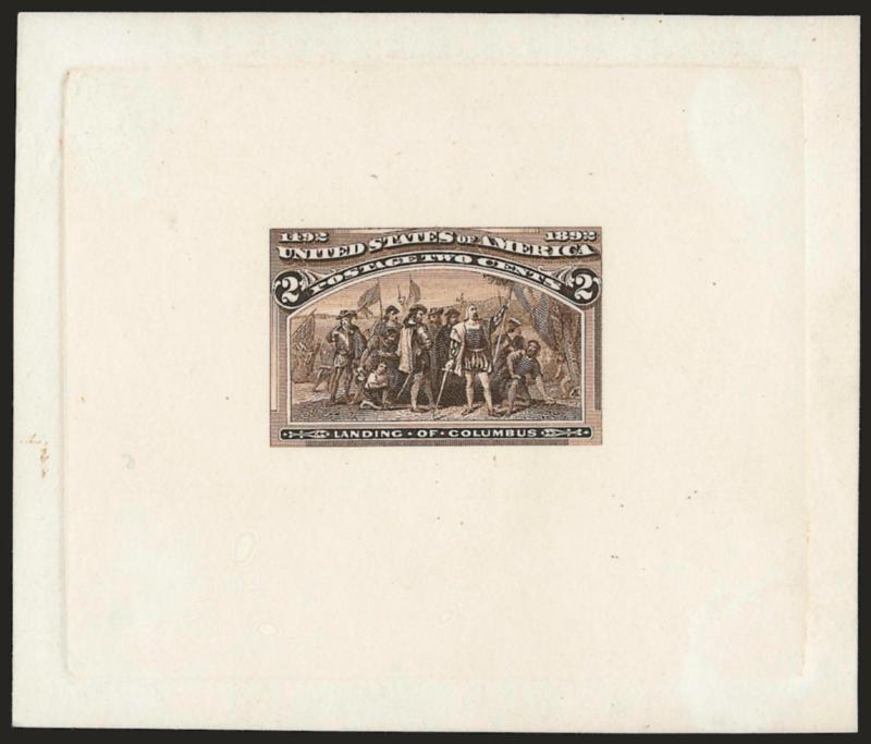 2c Columbian, Large Die Essay on India (231-E7b).> On 85 x 73mm card with full die sinkage, with Brazers note on back identifying this as Dim Dusky O-Yellow Orange, back of card with tiny thin spot from mount
removal, Very Fine, scarce