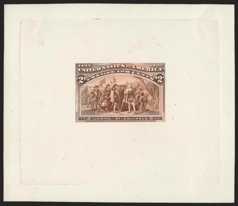 2c Columbian, Large Die Essay on India (231-E7b).> On 87 x 75mm card with full die sinkage, color slightly oxidized but with Brazers notes on shade on back identifying this as Dim Dark Orange, Very Fine,
scarce