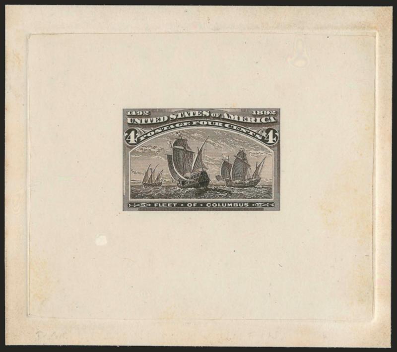 4c Columbian, Large Die Essay on India (233-E2b).> On 82 x 73mm card with full die sinkage, deep shade in the Dark Brown family, some trivial soiling, Very Fine, an attractive essay