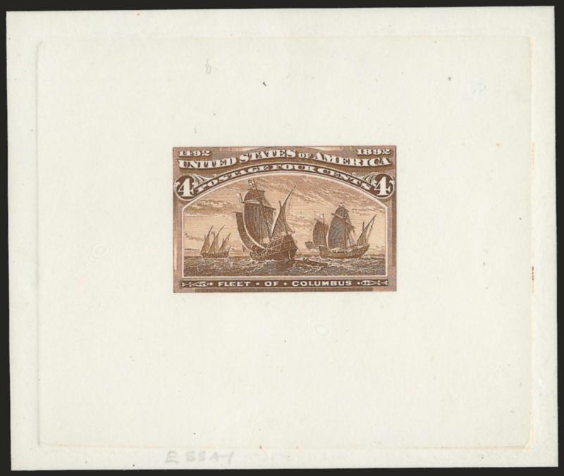4c Columbian, Large Die Essay on India (233-E2b).> On 82 x 70mm card with full die sinkage, with Brazers color notes on back identifying this as Deep O-Red-Orange, color oxidized, otherwise Very Fine,
scarce