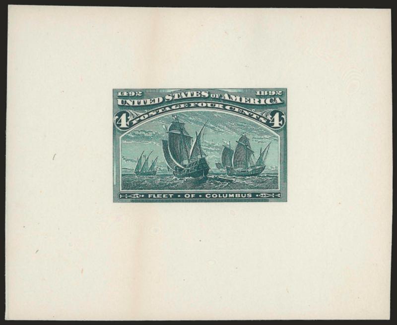 4c Columbian, Large Die Essay on India (233-E2b).> Four, on approximately 74 x 60mm cards, three with color slightly oxidized, one with insignificant narrow band of toning, otherwise Very Fine, attractive and
highly exhibitable group