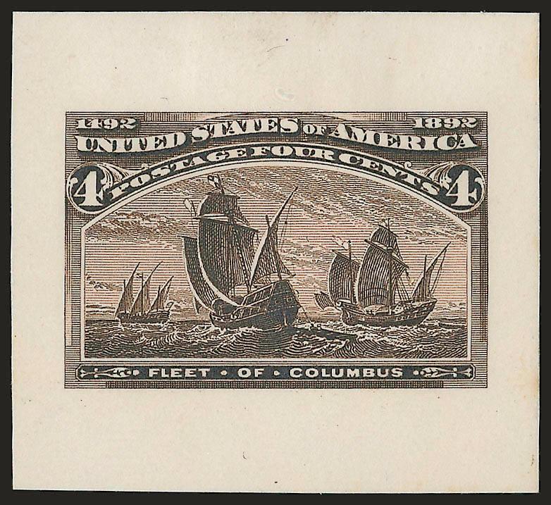 4c Columbian, Large Die Essay on India (233-E2b).> Four, on card, from stamp size to 42 x 38mm, each a distinctly different color, one with small tear at bottom right, otherwise Fine, scarce group