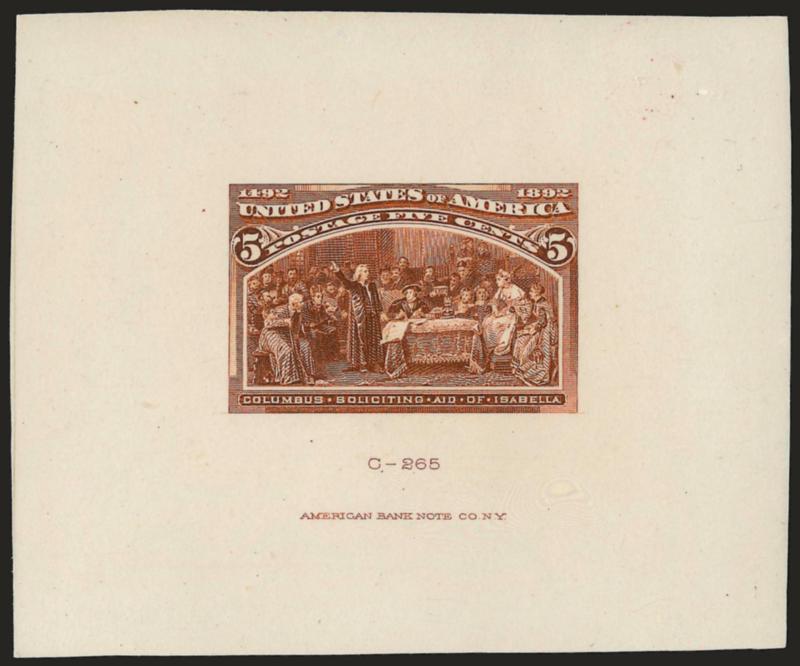 5c Columbian, Large Die Trial Color Proofs on India (234TC1).> Two, on approximately 75 x 60mm cards, each with die no. and imprint, each a distinctly different shade in the Brown family, Very Fine and choice,
scarce
