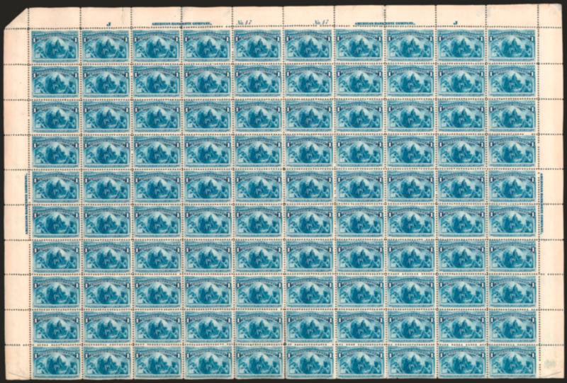 1c Columbian (230).> Pane of 100 with selvage at sides and two imprint and plate nos. at top, original gum, both plates lightly hinged, approximately half of the stamps Mint N.H., few flaws as often found in
large multiples incl. few perf separations