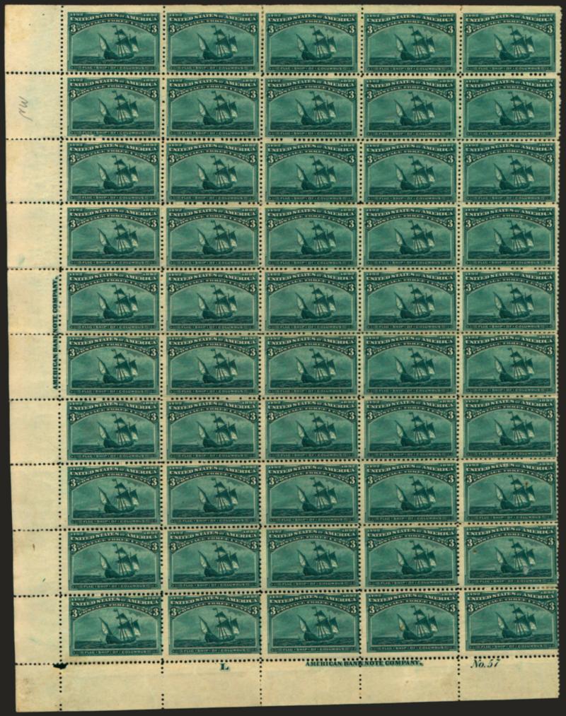 3c Columbian (232).> Pane of 50 with selvage at left, imprint and plate no. 57 at bottom and natural s.e. at top, the plate bock and few others lightly hinged, most Mint N.H., few flaws incl. toned some spots on
back, natural gum wrinkles and creases