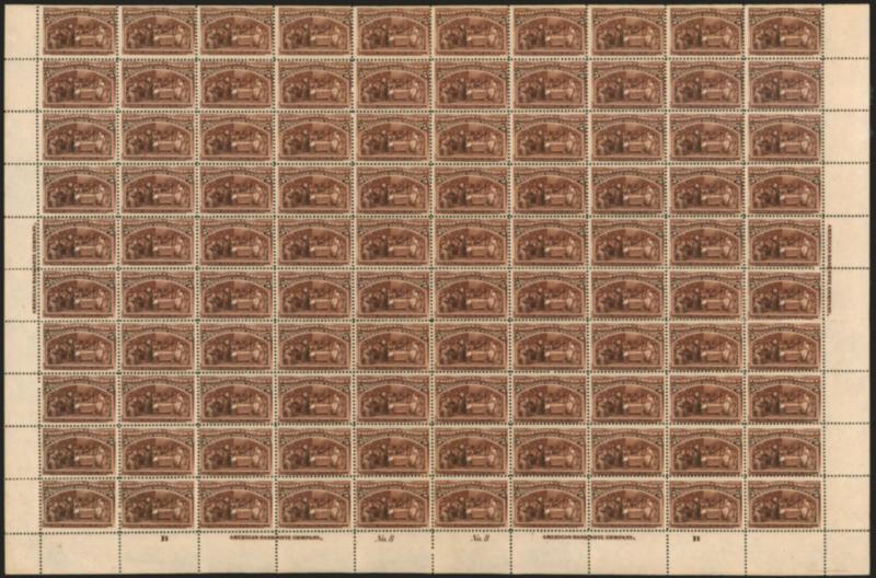5c Columbian (234).> Pane of 100 with selvage at sides and two imprint and plate nos. at bottom, deep rich color and proof-like impression, most Mint N.H. except where few perf separations expertly reinforced,
few flaws incl. internal crease at cente