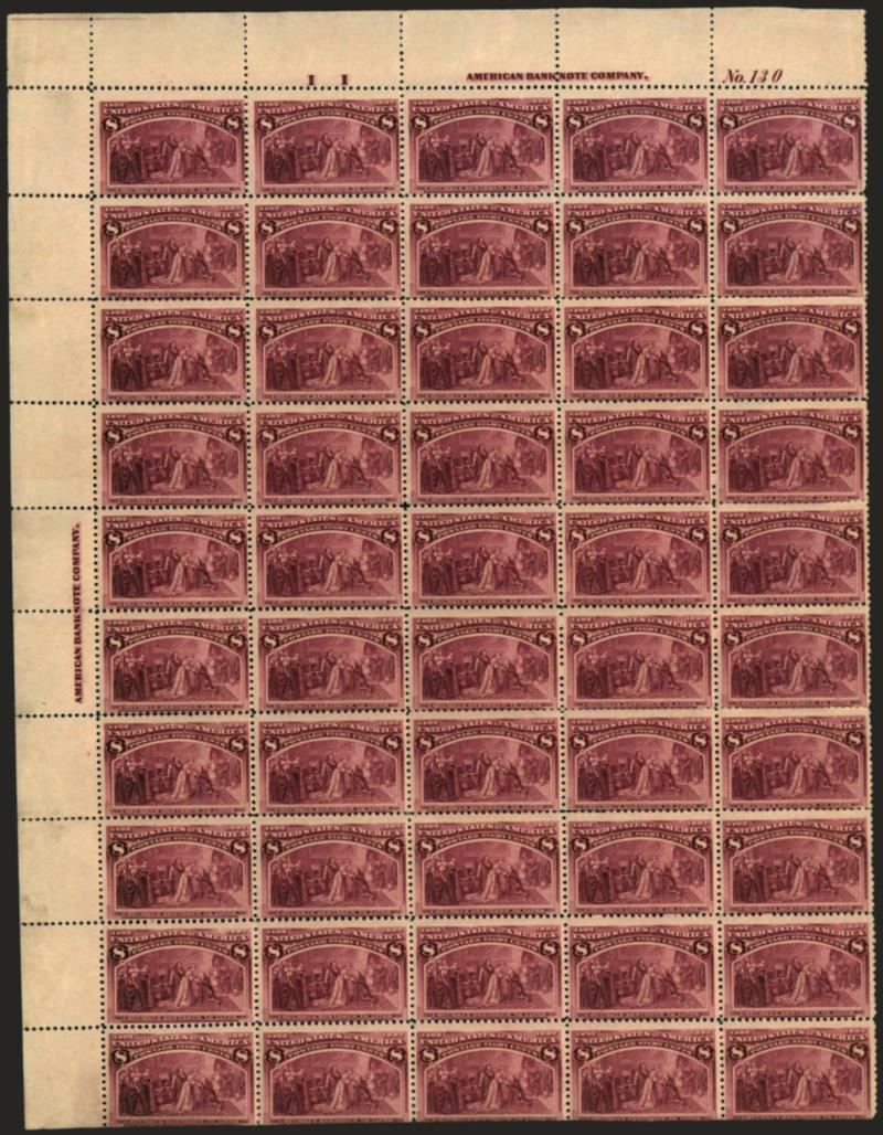 8c Columbian (236).>  Pane of 50 with selvage at left, imprint and plate no. 130 at top and natural s.e. at bottom into design of bottom stamps, plate block and many others Mint N.H., brilliant color, few faults
incl. perf separations, two horizontal