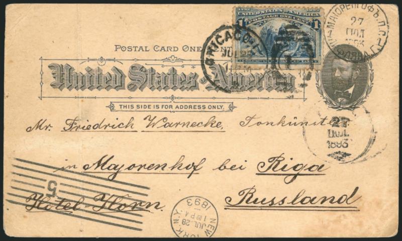 1c Machinery Building, Columbian Exposition Card (UPSS Set No. 10, EX79).> Used with 1c Columbian (230), faulty, tied by Chicago Ill. Jul. 26, 1893 duplex <to Riga, Russia (Latvia),> various transits and
receiving datestamp, vertical crease, some e