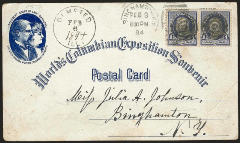 1c Dull Blue (219).> Horizontal pair, cancelled by targets, Olmsted Ill. Feb. 6, 1894 circular datestamp with yeardate in ms., on postcard with design similar to UPSS Set 11, EX 83, to Binghamton N.Y., receiving
duplex ties stamps, some creases, ot