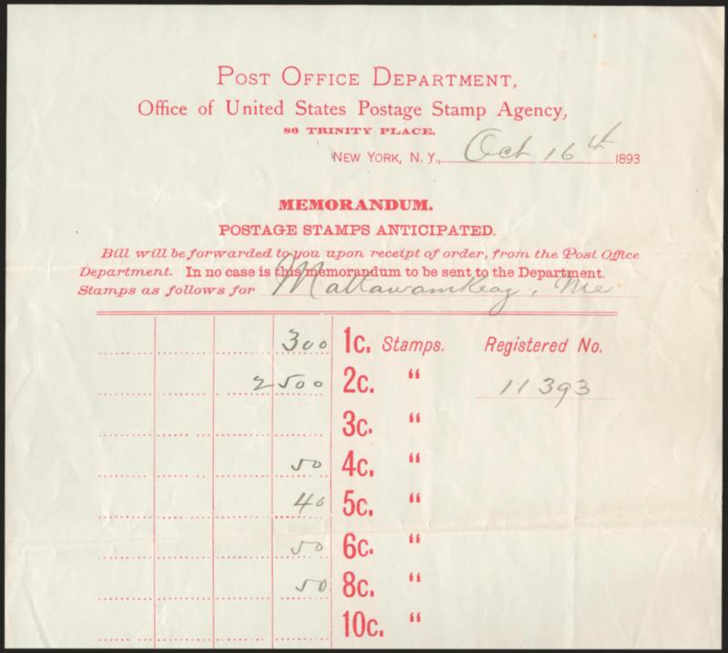 Columbian Issue Collateral Items.> Three items, incl. oversize registered cover from Post Office Departments Postage Stamp Agency to postmaster at Mattawamkeag Me. and with original enclosure stating quantity of
each denomination which was ordered f