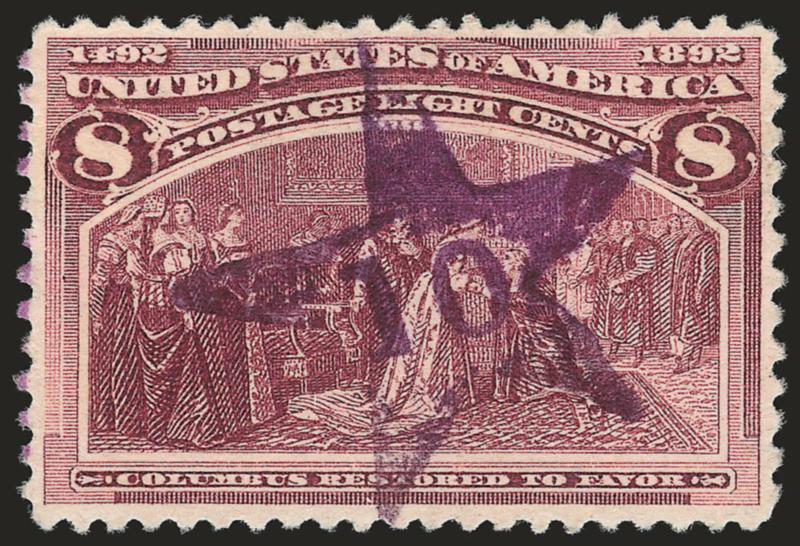 Fancy Cancels on Columbians.> 20, incl. seven 2c, three 4c, one 6c, five 8c, two 10c and one 15c, incl. heart, scarabs on 2c, 4c and 8c, 10c with stars, 15c unusual grid, stamps with minor flaws as expected,
Very Fine strikes, unusual with fancy canc