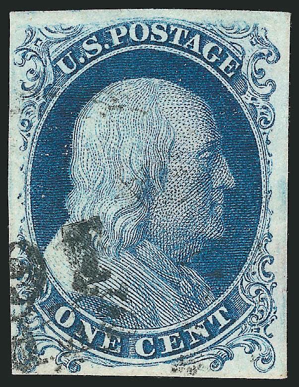 1c Blue, Ty. Ia (6).> Bottom row Plate 4, large margins to ample at lower left, clearly showing the characteristics of the type, rich color, Sep 16 portion of circular datestamp heavily impressed, which cuts
paper along bottom of 1 (not so noted