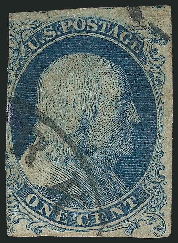1c Blue, Ty. Ia (6).> Bottom row Plate 4, three clear to large margins, slightly in at left, part New York circular datestamp, toning, repair at left and small tears top and bottom, respectable and affordable
appearing example of this rare and diffic