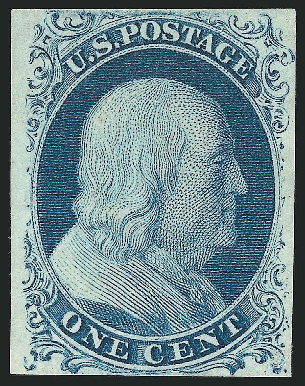 1c Blue, Ty. II (7).> Plate 2, unused (no gum), ample to full margins all around, deep rich color, interesting variety showing extremities of left ornamental scrolls partly burnished off as on Type V, Very Fine
and choice, with 1999 P.F. certificate