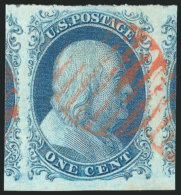 1c Blue, Ty. II (7).> Plate 1E, large to enormous margins incl. parts of adjoining stamps at sides, marvelous rich color and magnificent impression complemented by bright <red grid> cancel<><>^EXTREMELY FINE
GEM. A SUPERB USED USED EXAMPLE OF THE I