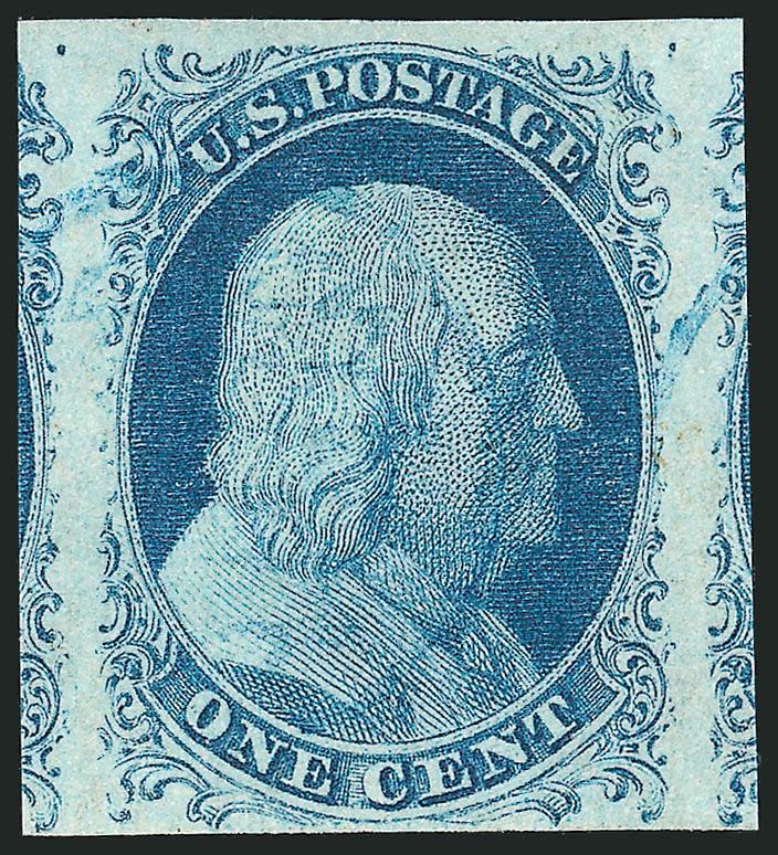 1c Blue, Ty. II (7).> Plate 2, three huge margins incl. parts of adjoining stamps at sides, ample at bottom, bright color, <blue grid> cancel, Very Fine and choice, with 1993 P.F. certificate