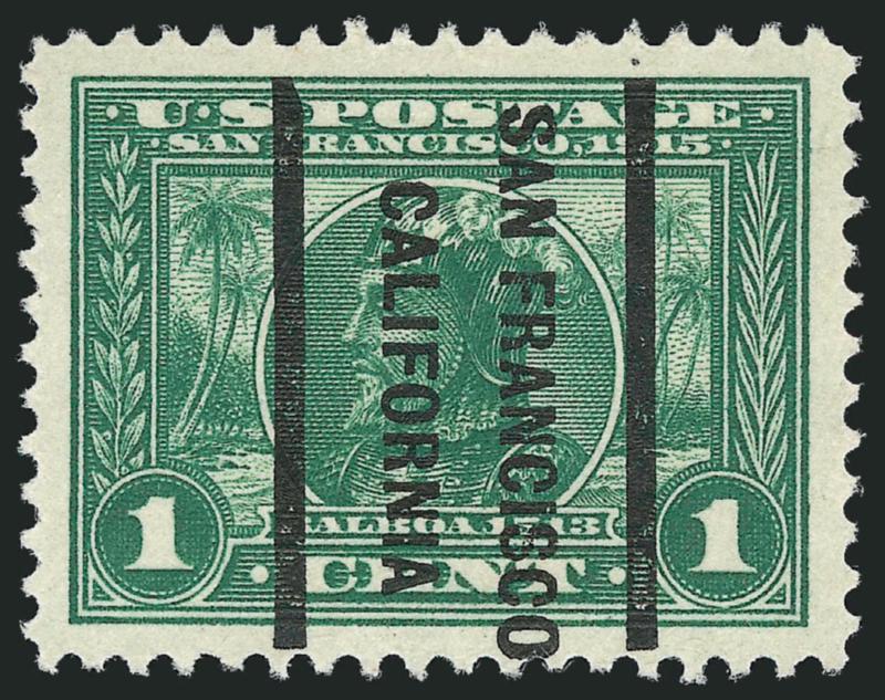 1c Panama-Pacific (397).> Perfect centering, wide even margins, rich color, San Francisco precancel, Extremely Fine Gem, with 2007 P.S.E. certificate (Superb 98 SMQ $420.00), only two have graded higher to date
and only four others share this grade